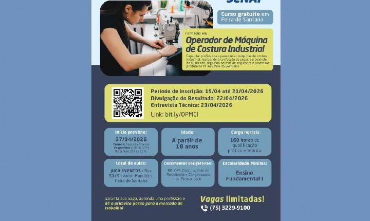 Prefeitura e Senai promovem curso gratuito de costura industrial com bolsa-auxílio em Humildes