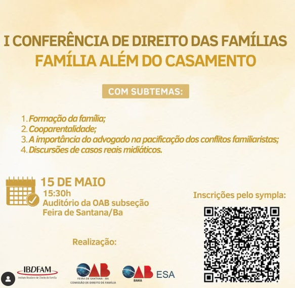 I Conferência de Direito das Famílias acontecerá na OAB Feira nesta quinta (15)