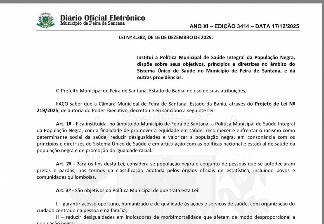 Feira de Santana institui Política Municipal de Saúde Integral da População Negra